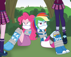 Size: 1280x1024 | Tagged: dead source, safe, artist:radiantrealm, indigo zap, pinkie pie, rainbow dash, sugarcoat, equestria girls, g4, my little pony equestria girls: friendship games, angry, bad end, bondage, boots, breast bondage, breasts, bush, cloth gag, clothes, collar, crystal prep academy, dashsub, duct tape, female, femsub, gag, help us, high heel boots, high heels, leggings, pinkie spy, pinkiesub, pleated skirt, rainbond dash, shirt, shoes, shorts, show accurate, skirt, socks, story in the comments, submissive, t-shirt, teenager, tied up
