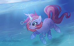 Size: 2500x1566 | Tagged: safe, artist:xwhitedreamsx, oc, oc only, oc:dawnfire, pony, unicorn, solo, swimming, underwater, water