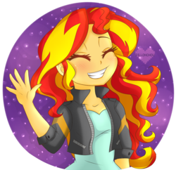 Size: 1000x966 | Tagged: safe, artist:pillonchou, sunset shimmer, equestria girls, g4, abstract background, blushing, cute, eyes closed, female, shimmerbetes, smiling, solo, waving