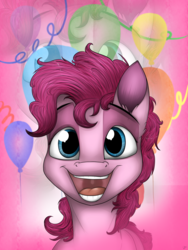 Size: 3000x4000 | Tagged: safe, artist:lupiarts, pinkie pie, g4, balloon, female, happy, portrait, solo