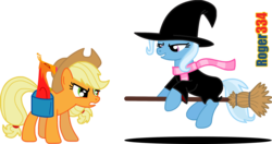 Size: 2557x1355 | Tagged: safe, artist:roger334, applejack, philomena, trixie, phoenix, pony, unicorn, g4, angry, banjo kazooie, broom, crossover, female, flying, flying broomstick, gruntilda, hat, inkscape, looking at each other, mare, nintendo 64, ponyscape, saddle bag, simple background, smirk, transparent background, vector, witch, witch hat