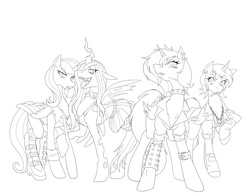 Size: 1280x999 | Tagged: safe, artist:nauth, princess cadance, princess celestia, princess luna, queen chrysalis, g4, clothes, cosplay, costume, digital art, fangs, lineart, monochrome, open mouth, punk, tongue out