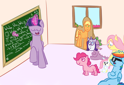 Size: 1300x900 | Tagged: safe, artist:chrisrainicorn, angel bunny, applejack, fluttershy, pinkie pie, rainbow dash, rarity, spike, twilight sparkle, alicorn, pony, g4, boring, chalkboard, disguise, drool, fancy mathematics, female, glowing horn, hilarious in hindsight, horn, lecture, mare, mask, math, plushie, quadratic formula, sleeping, sunglasses, twilight sparkle (alicorn)