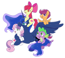 Size: 1500x1332 | Tagged: safe, artist:raininess, apple bloom, princess luna, scootaloo, spike, sweetie belle, alicorn, dragon, earth pony, pegasus, pony, unicorn, g4, adorabloom, baby, baby dragon, cute, cutealoo, cutie mark, cutie mark crusaders, diasweetes, female, filly, looking up, lunabetes, male, new year, simple background, spikabetes, the cmc's cutie marks, transparent background