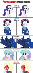 Size: 1548x3387 | Tagged: safe, big macintosh, princess celestia, princess luna, principal abacus cinch, principal celestia, rarity, equestria girls, g4, before and after, comparison, crossdressing, no makeup edit, orchard blossom