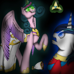 Size: 3000x3000 | Tagged: safe, artist:littlekissette, queen chrysalis, shining armor, changeling, g4, disguise, disguised changeling, fake cadance, glowing eyes, high res