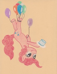 Size: 2550x3300 | Tagged: safe, artist:eyeburn, pinkie pie, g4, balloon, cake, female, food, hanging, high res, solo, then watch her balloons lift her up to the sky, traditional art, upside down