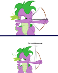 Size: 704x880 | Tagged: safe, artist:frist44, spike, g4, archery, arrow, barb, bow (weapon), bow and arrow, cartoon physics, fail, failure, rule 63, wat