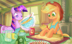 Size: 995x605 | Tagged: safe, artist:jowyb, applejack, twilight sparkle, alicorn, earth pony, pony, twijack weekly, g4, apple, apron, baking, clothes, female, food, kitchen, lesbian, mare, rolling pin, ship:twijack, shipping, twilight sparkle (alicorn)