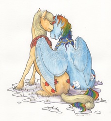 Size: 2054x2239 | Tagged: safe, artist:lady-limule, applejack, rainbow dash, earth pony, pegasus, pony, g4, bandana, both cutie marks, female, high res, hug, lesbian, mare, nuzzling, ship:appledash, shipping, traditional art, wedding ring, winghug