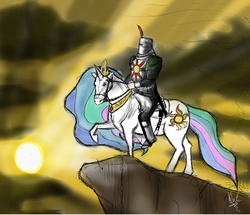 Size: 5904x5080 | Tagged: safe, artist:ohiekhe, princess celestia, horse, g4, absurd resolution, cliff, dark souls, duo, fantasy class, horsified, humans riding horses, humans riding ponies, knight, riding, solaire of astora, sunset, warrior