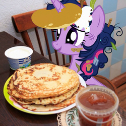 Size: 800x800 | Tagged: safe, twilight sparkle, alicorn, pony, g4, blini, chair, crepe, female, food, horn, horn impalement, i'm pancake, irl, kitchen, kot blini, mare, pancakes, parody, photo, ponies in real life, russian, sitting, smiling, solo, sour cream, twilight sparkle (alicorn), vector