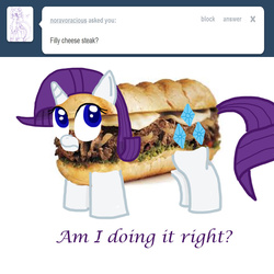 Size: 1000x1000 | Tagged: safe, artist:mister-true, rarity, food pony, original species, g4, askfillyrarity, female, filly, food, food transformation, philly cheesesteak, pun, sandwich, solo