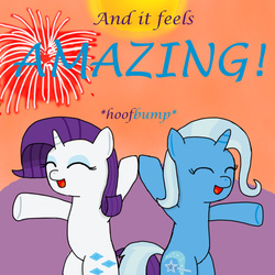 Size: 1000x1000 | Tagged: safe, artist:mister-true, rarity, trixie, pony, g4, askfillyrarity, bipedal, filly, fireworks, hoofbump