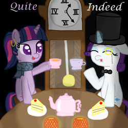 Size: 1000x1000 | Tagged: safe, artist:mister-true, rarity, twilight sparkle, g4, askfillyrarity, bowtie, cake, classy, clock, clothes, earring, filly, food, glowing horn, grandfather clock, hat, horn, indeed, magic, monocle, monocle and top hat, piercing, posh, quite, scarf, tea, teacup, teapot, telekinesis, top hat