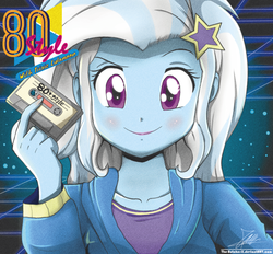 Size: 1102x1022 | Tagged: safe, artist:the-butch-x, trixie, equestria girls, g4, 80s, c:, compact cassette, cute, diatrixes, female, looking at you, smiling, solo