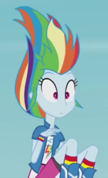 Size: 390x640 | Tagged: safe, screencap, rainbow dash, equestria girls, g4, my little pony equestria girls: friendship games, pinkie spy (short), boots, clothes, cropped, female, shorts, skirt, socks, solo, wut face