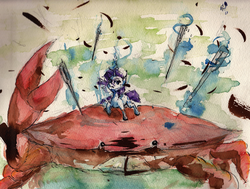 Size: 3282x2475 | Tagged: safe, artist:il-phantom, rarity, crab, giant crab, g4, fight, magic, needle, rarity fighting a giant crab, traditional art, watercolor painting