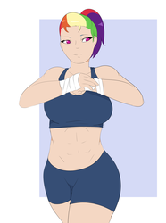 Size: 2377x3200 | Tagged: safe, artist:skyearts, rainbow dash, human, g4, abs, breasts, busty rainbow dash, clothes, female, fighter, high res, humanized, midriff, ponytail, simple background, solo, sports bra, taped fists