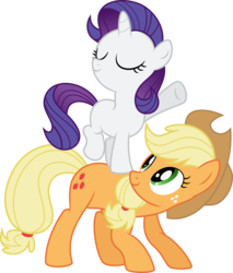 Size: 4997x5876 | Tagged: safe, artist:aureai, applejack, rarity, pony, unicorn, g4, magic duel, .svg available, absurd resolution, blank flank, duo, duo female, eyes closed, female, filly, mare, ponies riding ponies, rarity riding applejack, riding, simple background, transparent background, vector