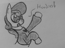 Size: 1078x796 | Tagged: safe, artist:poorlydrawnpony, bon bon, sweetie drops, g4, clothes, female, hoodie, monochrome, solo, traditional art