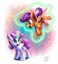 Size: 900x991 | Tagged: safe, artist:tsitra360, scootaloo, sweetie belle, pegasus, pony, unicorn, crusaders of the lost mark, g4, commission, cute, cutealoo, cutie mark, diasweetes, duo, female, filly, glowing, glowing horn, horn, levitation, magic, open mouth, scootaloo can fly, sweetie belle's magic brings a great big smile, telekinesis, the cmc's cutie marks