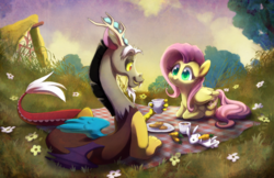 Size: 4827x3124 | Tagged: safe, artist:dawnfire, angel bunny, discord, fluttershy, draconequus, pegasus, pony, rabbit, absurd file size, absurd resolution, animal, blanket, carrot, colored pupils, cookie, cute, discute, eating, eye contact, featured image, female, flower, food, friendshipping, grin, male, mare, picnic, plaid, plate, prone, shyabetes, smiling, tea, teacup