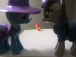 Size: 2560x1920 | Tagged: safe, apple bloom, maud pie, trixie, pony, unicorn, g4, blind bag, feels, female, funko, hasbro, heartbreak, irl, lesbian, mare, photo, sad, ship:mauxie, shipping, shipping denied, toy