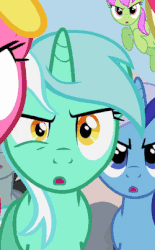Size: 250x403 | Tagged: safe, screencap, cherry berry, lyra heartstrings, merry may, minuette, neon lights, rising star, earth pony, pegasus, pony, unicorn, g4, the super speedy cider squeezy 6000, angry, animated, eye twitch, faic, lyra is not amused