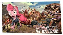 Size: 1600x900 | Tagged: safe, artist:hellhounds04, pinkie pie, centaur, deathclaw, earth pony, mirelurk, pony, fallout equestria, g4, 3d, crossover, fallout, fallout 3, female, mare, monster, pipboy, pipbuck, postcard, source filmmaker, wasteland