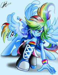 Size: 792x1024 | Tagged: safe, artist:succubi samus, rainbow dash, human, pony, equestria girls, g4, badass, digital art, human ponidox, looking back, ponied up, pose, square crossover, superhero landing, the fun has been doubled, winged humanization