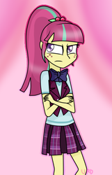 Size: 387x600 | Tagged: dead source, safe, artist:ultrard, sour sweet, equestria girls, g4, my little pony equestria girls: friendship games, abstract background, clothes, colored pupils, crossed arms, crystal prep academy uniform, female, pink background, school uniform, simple background, solo