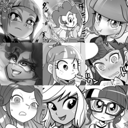 Size: 750x750 | Tagged: safe, artist:k-nattoh, applejack, pinkie pie, rarity, sci-twi, sour sweet, sugarcoat, sunny flare, twilight sparkle, equestria girls, g4, drums, grayscale, japanese, monochrome, musical instrument, shadow six