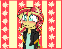 Size: 743x598 | Tagged: dead source, safe, artist:ultrard, sunset shimmer, equestria girls, g4, :3, blushing, colored pupils, cute, cutie mark background, female, heart eyes, shimmerbetes, signature, solo, wingding eyes