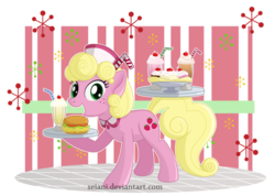 Size: 800x570 | Tagged: safe, artist:seiani, oc, oc only, oc:strawberry flo, banana split, burger, food, hay burger, milkshake