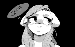 Size: 1236x768 | Tagged: safe, artist:mistyasha, fluttershy, g4, black background, bust, eyeroll, female, floppy ears, grayscale, looking away, monochrome, omg, simple background, solo, thought bubble