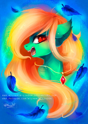 Size: 1024x1448 | Tagged: safe, artist:wilvarin-liadon, oc, oc only, oc:honeymint tea, bat pony, pony, fangs, feather, gem, necklace, ruby, slit pupils, solo, tsundere