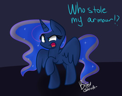 Size: 2480x1944 | Tagged: safe, artist:lynchristina, princess luna, alicorn, pony, g4, angry, dialogue, female, missing accessory, open mouth, raised hoof, signature, solo, spread wings, standing