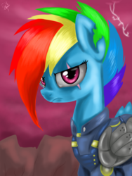 Size: 1024x1365 | Tagged: safe, artist:vanezaescobedo, rainbow dash, pegasus, pony, g4, the cutie re-mark, alternate timeline, apocalypse dash, crystal war timeline, female, scar, solo, torn ear