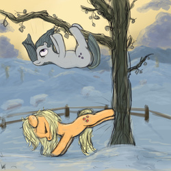 Size: 3000x3000 | Tagged: safe, artist:plotcore, applejack, marble pie, g4, applebucking, bucking, doodle, eyes closed, falling, hatless, high res, loose hair, messy hair, missing accessory, snow, winter