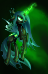 Size: 1024x1583 | Tagged: safe, artist:celliron, queen chrysalis, changeling, changeling queen, g4, crown, female, glowing, glowing horn, horn, jewelry, magic, regalia, solo