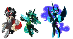 Size: 1049x564 | Tagged: safe, artist:wynnchi, king sombra, nightmare moon, queen chrysalis, anthro, unguligrade anthro, g4, simple background