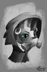 Size: 1500x2281 | Tagged: safe, artist:crimson, zecora, zebra, g4, clothes, earring, gas mask, gradient background, grayscale, hoodie, monochrome, piercing, portrait, simple background