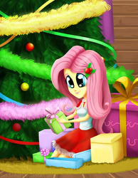 Size: 1549x2000 | Tagged: safe, artist:bel-assa, fluttershy, equestria girls, g4, christmas tree, female, hat, kneeling, present, santa hat, solo, tree