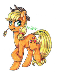 Size: 1282x1600 | Tagged: safe, artist:liza-jack, applejack, g4, crossed hooves, female, simple background, solo, straw, traditional art