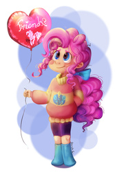 Size: 800x1200 | Tagged: safe, artist:daughter-of-fantasy, pinkie pie, human, g4, balloon, blushing, clothes, cute, diapinkes, female, hair bow, heart balloon, humanized, smiling, solo, sweater