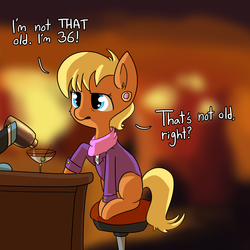 Size: 1280x1280 | Tagged: safe, artist:tjpones, ms. harshwhinny, earth pony, pony, g4, alcohol, barstool, clothes, dialogue, female, food, mare, martini, missing cutie mark, offscreen character, open mouth, sitting, solo focus, stool