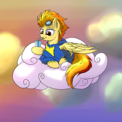 Size: 1024x1024 | Tagged: safe, artist:setonlr, spitfire, g4, cloud, ear fluff, female, food, juice, prone, relaxing, solo, wonderbolts uniform