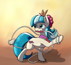 Size: 1024x932 | Tagged: safe, artist:setonlr, coco pommel, g4, female, mouth hold, raised hoof, rope, solo