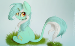 Size: 2529x1581 | Tagged: safe, artist:apostolllll, lyra heartstrings, classical unicorn, g4, :i, female, fluffy, horn, leonine tail, looking back, sitting, solo, unshorn fetlocks